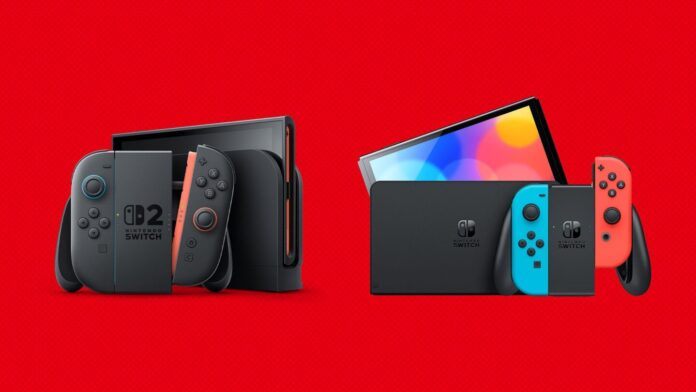 Nintendo Switch 2 และ Nintendo Switch รุ่นปกติ วางคู่กันบนพื้นหลังสีแดง