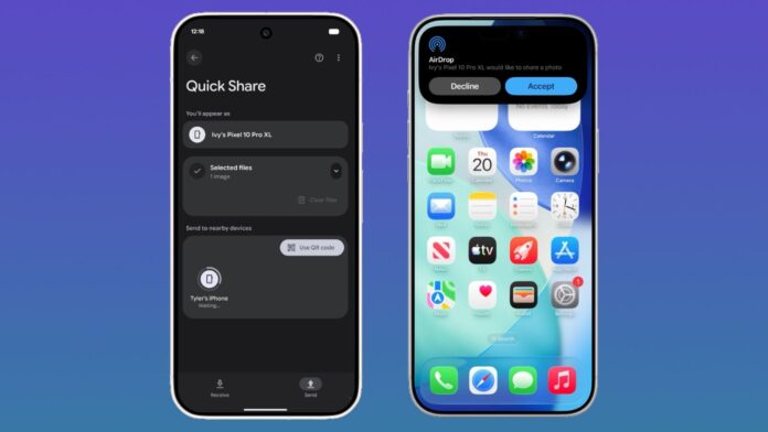 ภาพแสดงการใช้ Quick Share บน Android ส่งไฟล์ไปยัง iPhone ผ่าน AirDrop โดยไม่ต้องใช้แอปเสริม