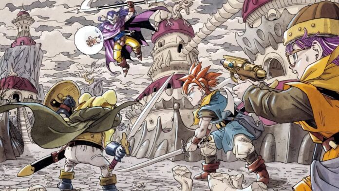 ภาพอาร์ตเวิร์กจากเกม Chrono Trigger แสดงตัวละครหลักอย่าง Crono, Frog, Lucca และ Magus ต่อสู้กันท่ามกลางฉากแฟนตาซี