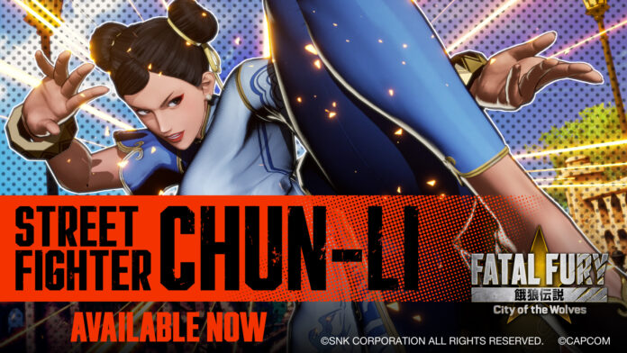 Chun-Li โชว์ท่าเตะในชุดสีน้ำเงิน พร้อมโลโก้ Street Fighter และ FATAL FURY: City of the Wolves กับข้อความ Available Now