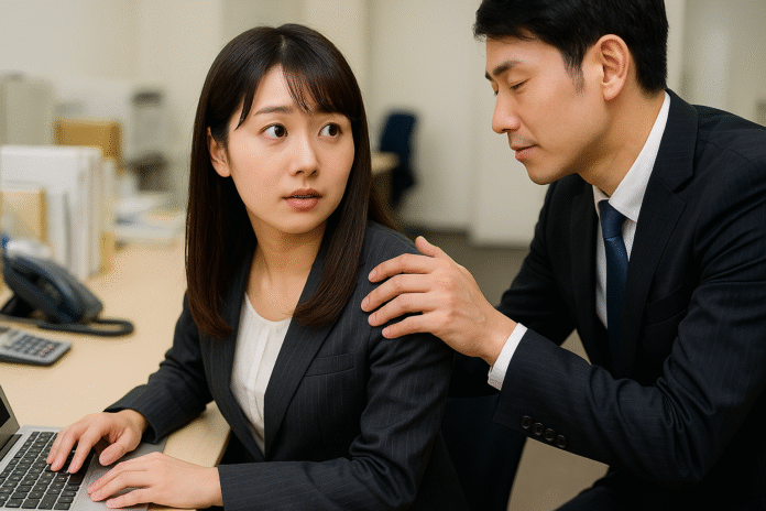 พนักงานหญิงแสดงท่าทีไม่สบายใจเมื่อเพื่อนร่วมงานชายวางมือบนไหล่ ขณะทำงานในออฟฟิศ สื่อถึงการคุกคามทางเพศในที่ทำงาน