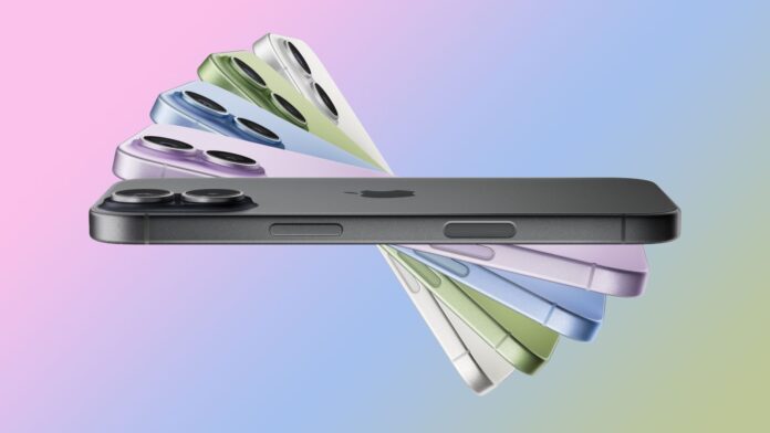 ภาพชุดสีของ iPhone 17 จัดเรียงแบบพัดอยู่ด้านหลังตัวเครื่อง