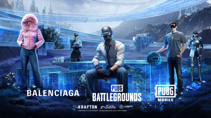 ภาพโปรโมตคอลแลบระหว่าง PUBG: BATTLEGROUNDS, PUBG MOBILE และ Balenciaga แสดงตัวละครในเกมสวมชุดจากคอลเลกชัน Balenciaga บนฉากหลังล้ำยุค