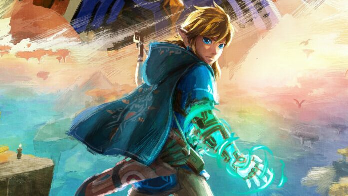 Link จาก The Legend of Zelda ยืนหันหลังถือแขนกลเรืองแสง ท่ามกลางฉากฟ้าสีทองและเกาะลอยบนท้องฟ้า