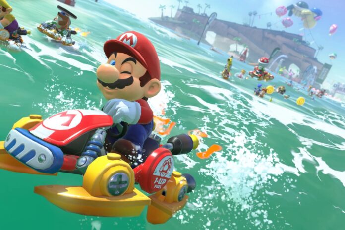 Mario ขับเจ็ตสกีในการแข่งขัน Mario Kart World กลางทะเลสีฟ้าใส