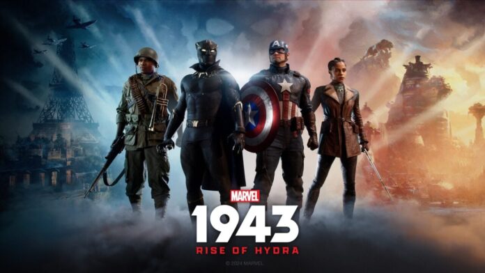 ภาพโปรโมตเกม Marvel 1943: Rise of Hydra แสดงตัวละครหลักทั้งสี่คนยืนเรียงกัน