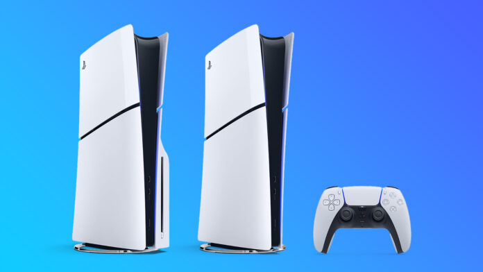 เครื่องเกม PlayStation 5 รุ่นแผ่นและดิจิทัล พร้อมจอย DualSense วางบนพื้นหลังสีน้ำเงิน