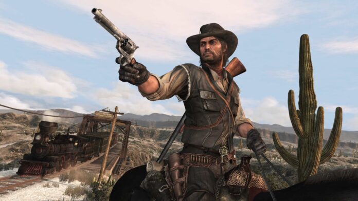 ชายขี่ม้าถือปืนพกในฉากทะเลทรายจากเกม Red Dead Redemption