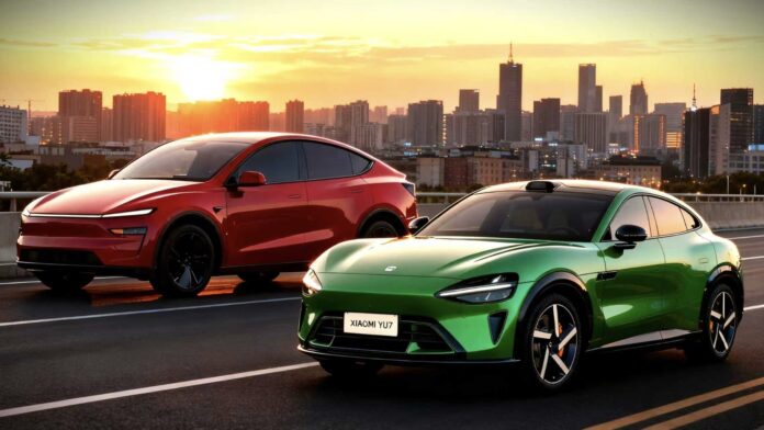 Xiaomi YU7 สีเขียววิ่งคู่กับ Tesla Model Y สีแดง บนถนนในเมืองยามพระอาทิตย์ตก