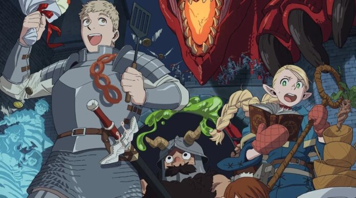 ภาพตัวละครจากซีรีส์ Delicious in Dungeon กำลังวิ่งหนีมอนสเตอร์ในดันเจี้ยน