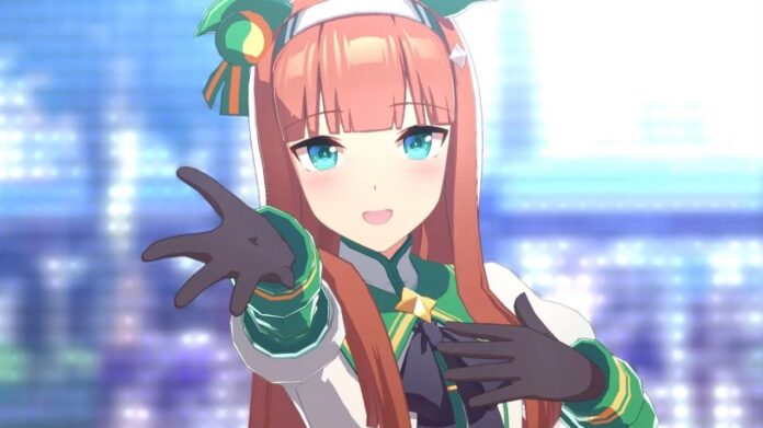 ภาพตัวละคร Silence Suzuka จากเกม Umamusume: Pretty Derby ชุดแข่งสีเขียว ยกมือสวมถุงมือสีดำ พื้นหลังเป็นแสงและเอฟเฟกต์สไตล์ดิจิทัล