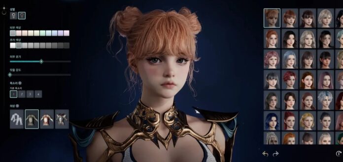 หน้าจอปรับแต่งตัวละครในเกม Aion 2 แสดงตัวละครหญิงแนวแฟนตาซีพร้อมเมนูเลือกทรงหน้า สีผม และพรีเซ็ตใบหน้าหลายแบบทางด้านขวา