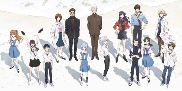 ตัวละครหลักจากอนิเมะ Neon Genesis Evangelion ยืนรวมกลุ่มบนพื้นหลังสีอ่อน สื่อถึงโลกและตัวละครสำคัญของซีรีส์