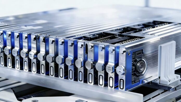 โมดูล Blade แบตเตอรี่ในสายการผลิต โดยแสดงโครงสร้างภายในและชุดเซลล์ที่จัดเรียงอย่างเป็นระเบียบ