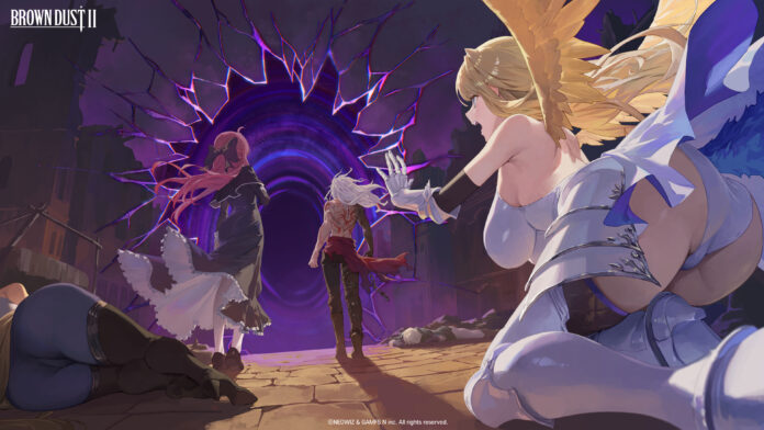 ตัวละครจาก Brown Dust 2 ยืนอยู่หน้าเส้นแยกมิติสีม่วงในฉากต่อสู้แฟนตาซี