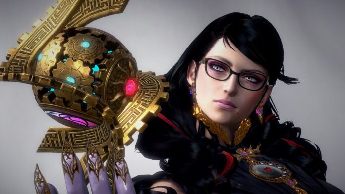 ตัวละคร Bayonetta จากเกม Bayonetta 3 ถืออาวุธและมองตรงมาด้านหน้า