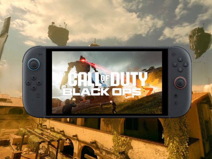เครื่อง Nintendo Switch 2 แสดงภาพเกม Call of Duty: Black Ops บนหน้าจอ ท่ามกลางฉากสนามรบจากซีรีส์เกมยิงชื่อดัง