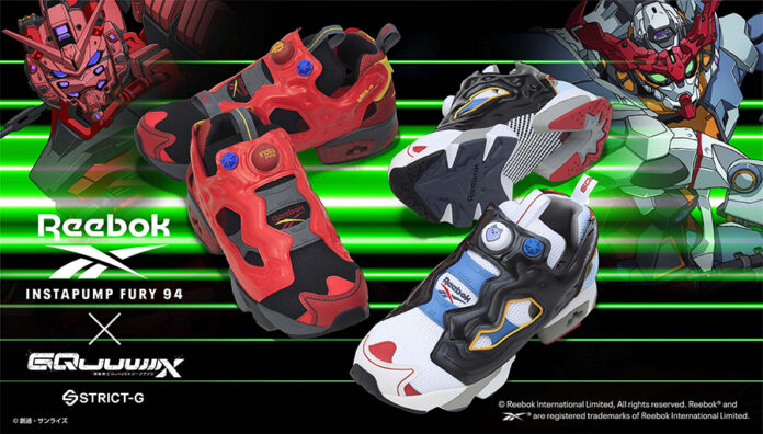รองเท้า STRICT-G x Reebok INSTAPUMP FURY 94 รุ่น Gundam GQuuuuuuX และ RED GUNDAM วางโชว์คู่กันบนพื้นหลังลายเขียว
