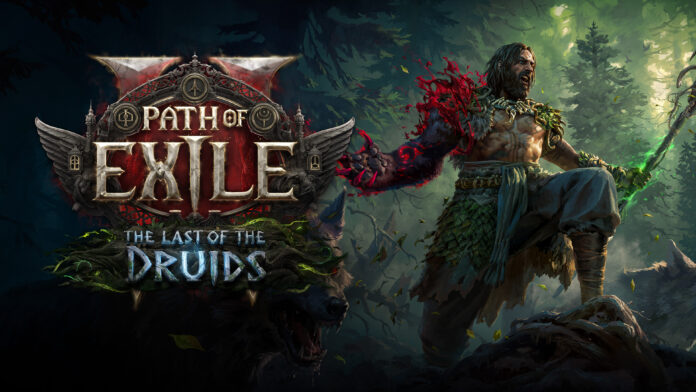 คีย์อาร์ต Path of Exile 2: The Last of the Druids แสดง Druid ยืนกลางป่าในสภาพกึ่งแปลงร่าง แขนปกคลุมด้วยพลังสีแดง และมีหมาป่าอยู่ด้านหน้า