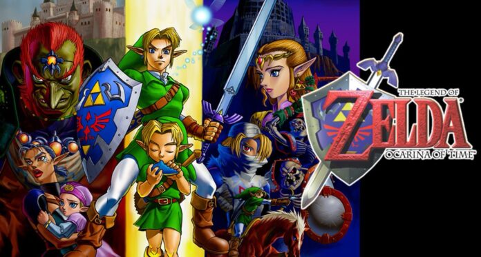 ภาพโปรโมตเกม The Legend of Zelda: Ocarina of Time แสดงตัวละคร Link และ Princess Zelda พร้อมศัตรูสำคัญจากซีรีส์ Zelda