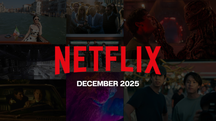 โปสเตอร์รวมภาพโปรโมตคอนเทนต์ Netflix ประจำเดือนธันวาคม 2025 พร้อมโลโก้ Netflix สีแดงโดดเด่นกลางภาพ