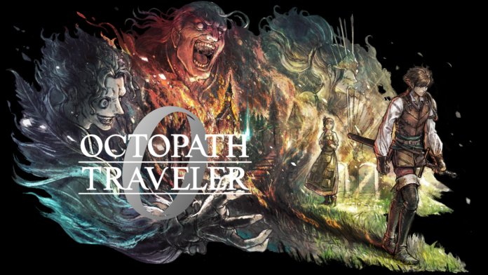 ภาพโปรโมต Octopath Traveler 0 แสดงตัวละครหลักยืนถือดาบ รายล้อมด้วยฉากแฟนตาซีและเหล่าตัวละครร้ายหลักในเกม