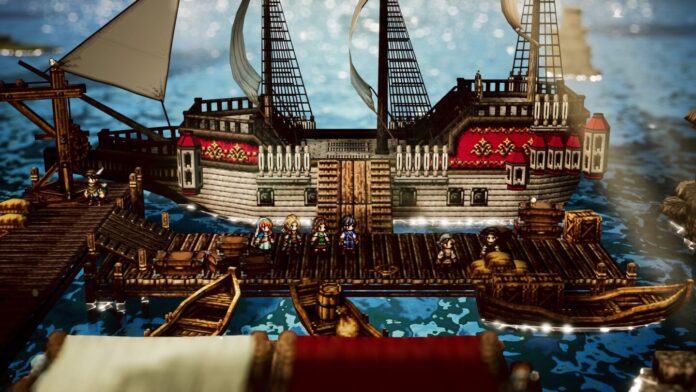 ฉากเรือขนาดใหญ่เทียบท่าใน Octopath Traveler 0 พร้อมตัวละครผู้เดินทางยืนอยู่บนท่าเรือ เตรียมออกผจญภัยกลางทะเล
