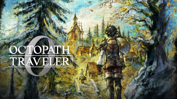 ภาพโปรโมตเกม Octopath Traveler แสดงตัวละครนักผจญภัยยืนหันหลังท่ามกลางป่าและเมืองแฟนตาซี