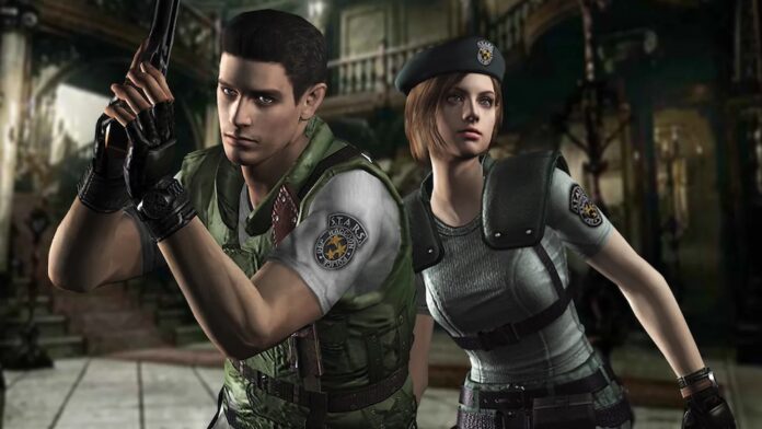 ตัวละคร Chris Redfield และ Jill Valentine จากเกม Resident Evil ภาคแรก ยืนถืออาวุธภายในคฤหาสน์ Spencer Mansion