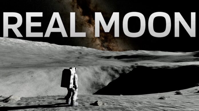 นักบินอวกาศยืนสำรวจพื้นผิวดวงจันทร์ พร้อมตัวอักษร “REAL MOON” ตัวใหญ่ด้านบน