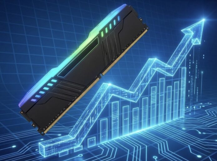 กราฟราคาหน่วยความจำ DDR5 พุ่งสูงขึ้น พร้อมภาพโมดูลแรม สื่อถึงการปรับขึ้นราคา