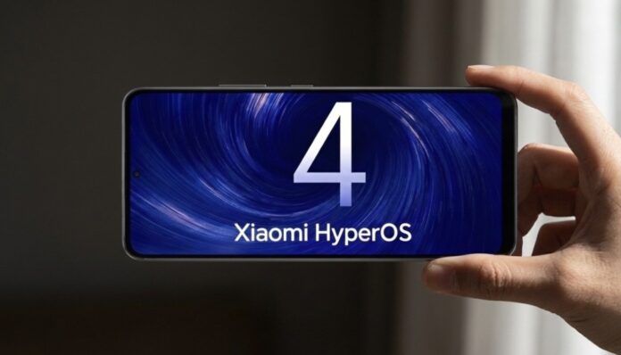 สมาร์ตโฟนในมือผู้ใช้ แสดงหน้าจอโลโก้ Xiaomi HyperOS 4