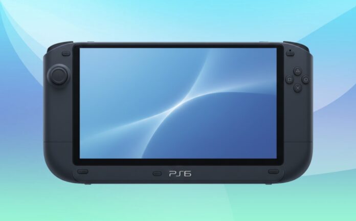 ภาพคอนเซ็ปต์เครื่องเล่นเกม PlayStation 6 รุ่นพกพา ดีไซน์คล้ายเครื่องเกมพกพาพร้อมจอแสดงผลขนาดใหญ่และปุ่มควบคุมสองด้าน