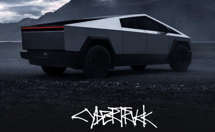 รถกระบะไฟฟ้า Tesla Cybertruck จอดอยู่บนพื้นถนนในบรรยากาศมืดหม่น พร้อมโลโก้ Cybertruck ด้านล่างของภาพ