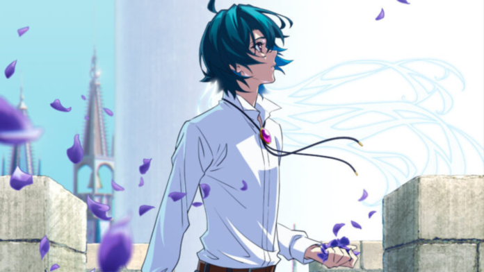 ตัวละครเอก Will จาก Wistoria: Wand and Sword ยืนท่ามกลางกลีบดอกไม้สีม่วงปลิวลม พร้อมฉากสถาปัตยกรรมแฟนตาซี