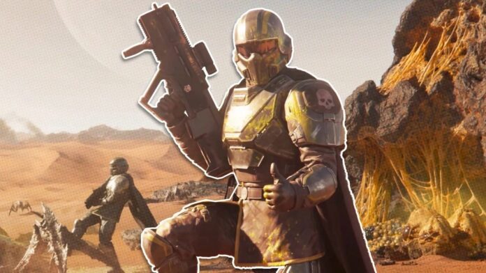 ทหาร Helldivers ถืออาวุธในสนามรบดาวเคราะห์ทะเลทราย
