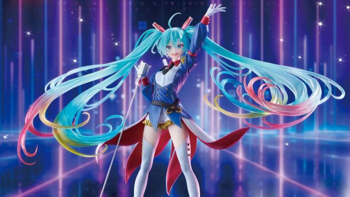 ฟิกเกอร์ Hatsune Miku x Gundam รุ่นเฉลิมฉลอง 45 ปี โชว์ดีไซน์ผมยาวใสแบบกราเดียนและท่าทางโพสกลางฉากแสงนีออน