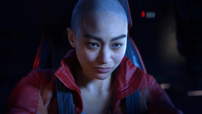 หญิงสาวตัวละครจากเกม Intergalactic: The Heretic Prophet กำลังนั่งท่าทางเคร่งเครียด สื่อถึงบรรยากาศตึงเครียดของเกม