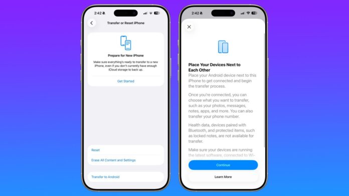 หน้าจอ iPhone แสดงฟีเจอร์ใหม่ใน iOS 26.3 สำหรับโอนข้อมูลจาก iPhone ไปยังสมาร์ตโฟน Android แบบไร้สาย