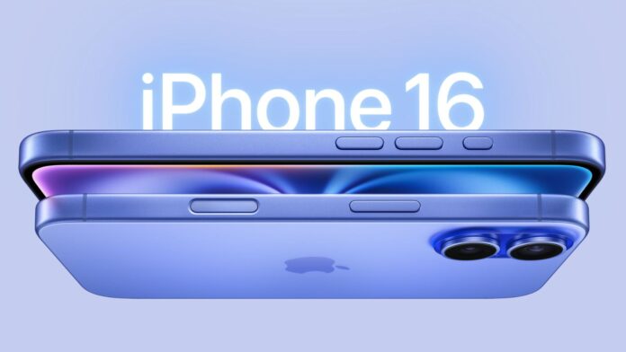 ภาพ iPhone 16 สีฟ้า ดีไซน์ด้านหน้าและด้านหลัง