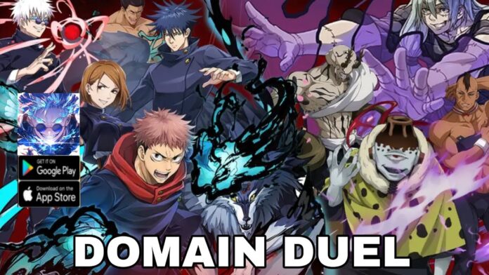 ภาพโปรโมตเกมมือถือ Domain Duel ที่แสดงตัวละครหลายตัวในสไตล์อนิเมะแนวต่อสู้ ซึ่งมีงานภาพและดีไซน์ที่ดูคล้ายผลงานอนิเมะชื่อดัง