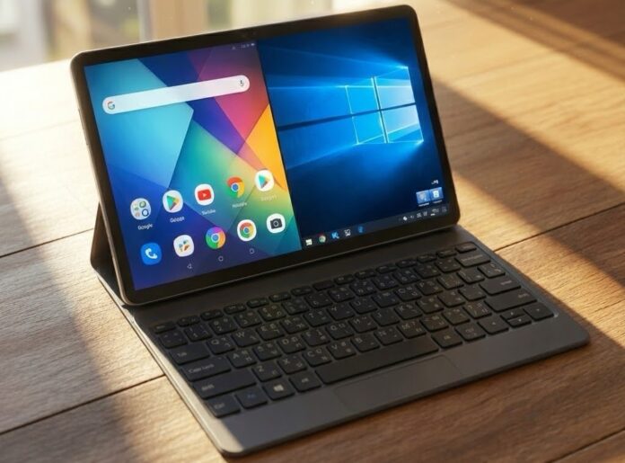 แท็บเล็ต Cloud AI Pad จาก China Unicom แสดงหน้าจอ Android และ Windows พร้อมคีย์บอร์ด ใช้งานแบบ 2 ระบบในเครื่องเดียว