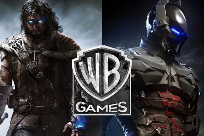 โลโก้ WB Games พร้อมตัวละครจากแฟรนไชส์ Middle-earth และ Batman แสดงถึงสตูดิโอเกมของ Warner Bros.