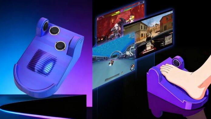 อุปกรณ์ Varmilo Foot Keyboard สีม่วงสำหรับเกมมิ่ง แสดงการใช้งานกดด้วยเท้าใต้โต๊ะ พร้อมภาพตัวอย่างการเล่นเกมบนหน้าจอ