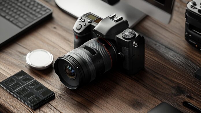 กล้องถ่ายภาพระดับมืออาชีพพร้อมเลนส์ วางบนโต๊ะทำงานสำหรับงานครีเอเตอร์