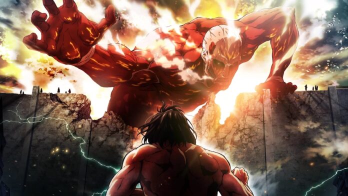 ฉากจาก Attack on Titan แสดงไททันขนาดยักษ์กำลังพุ่งเข้าหากำแพงเมือง โดยมีเอเลนยืนเผชิญหน้าอยู่ด้านหน้า ท่ามกลางแสงไฟและบรรยากาศตึงเครียด