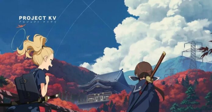ภาพคีย์อาร์ต Project KV แสดงตัวละครหญิงสไตล์อนิเมะสองคนในฉากศาลเจ้าญี่ปุ่น ท่ามกลางบรรยากาศฤดูใบไม้ร่วง