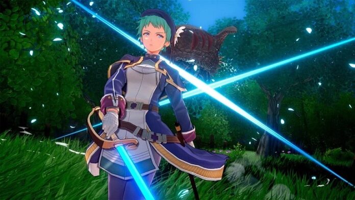 ตัวละครจากเกมของ Nihon Falcom ยืนถือดาบพลังงานสีฟ้าในฉากป่า
