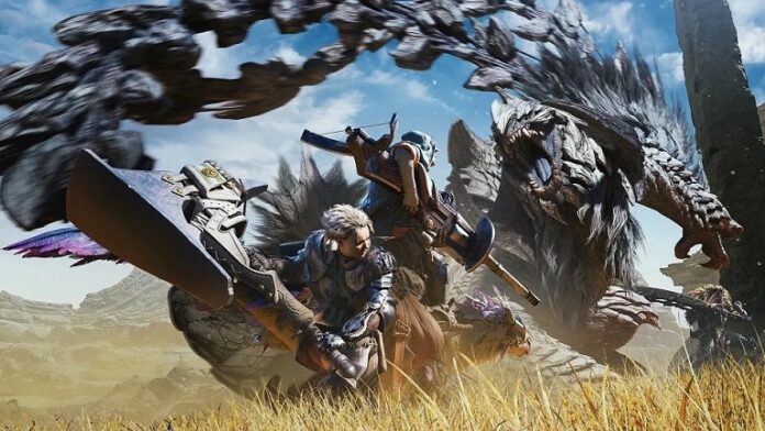 ฉากแอ็กชันในเกม Monster Hunter Wilds นักล่าถืออาวุธเผชิญหน้ามอนสเตอร์ขนาดใหญ่กลางทุ่งหญ้า