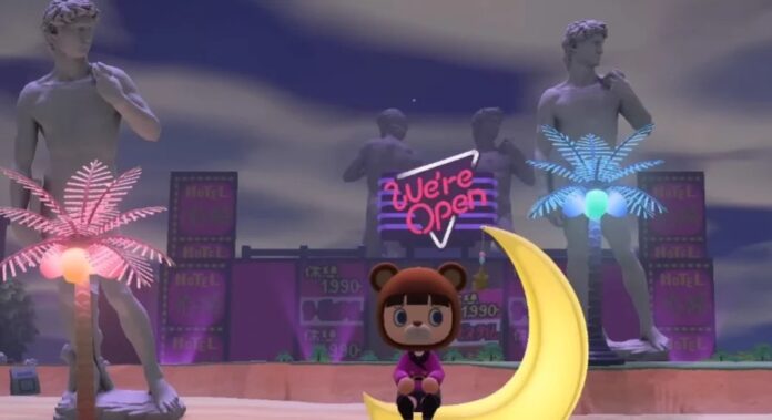 ตัวละครผู้เล่นใน Animal Crossing นั่งบนพระจันทร์เสี้ยว ท่ามกลางฉากเกาะ Adult Island ที่มีรูปปั้นและแสงนีออนสไตล์สถานบันเทิงสำหรับผู้ใหญ่